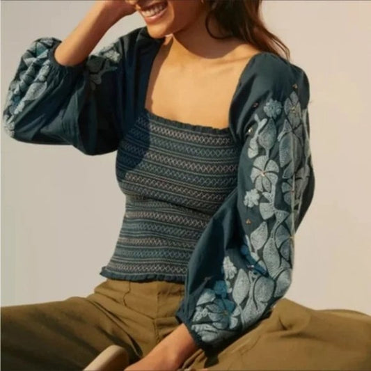 Anthropologie Long Balloon Sleeve Embroidered Smocked Cotton Blouse Green XS