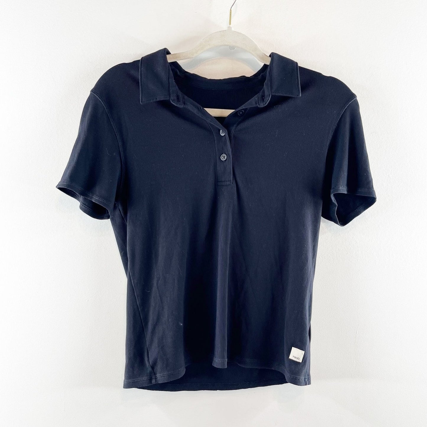 Vuori Pose Short Sleeve Collared Ribbed Knit Fitted Polo Shirt Black Large