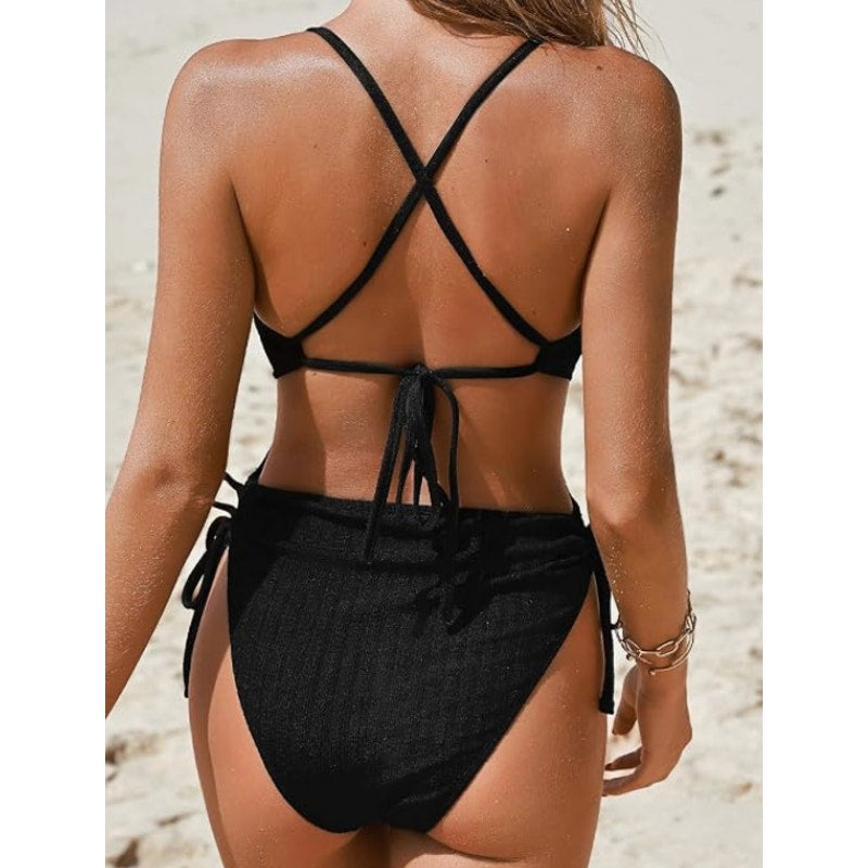 Cupshe Ribbed Side Cutout Plunge Front Side Tie One Piece Swimsuit Black Medium