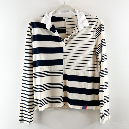Kule Patch Rugby Striped Long Sleeve Tee Shirt Top White Blue Small