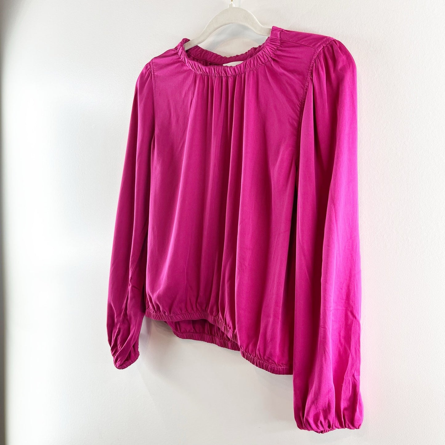 Cloth & Stone Lux Satin Balloon Sleeve Round Neck Banded Blouse Top Pink Small