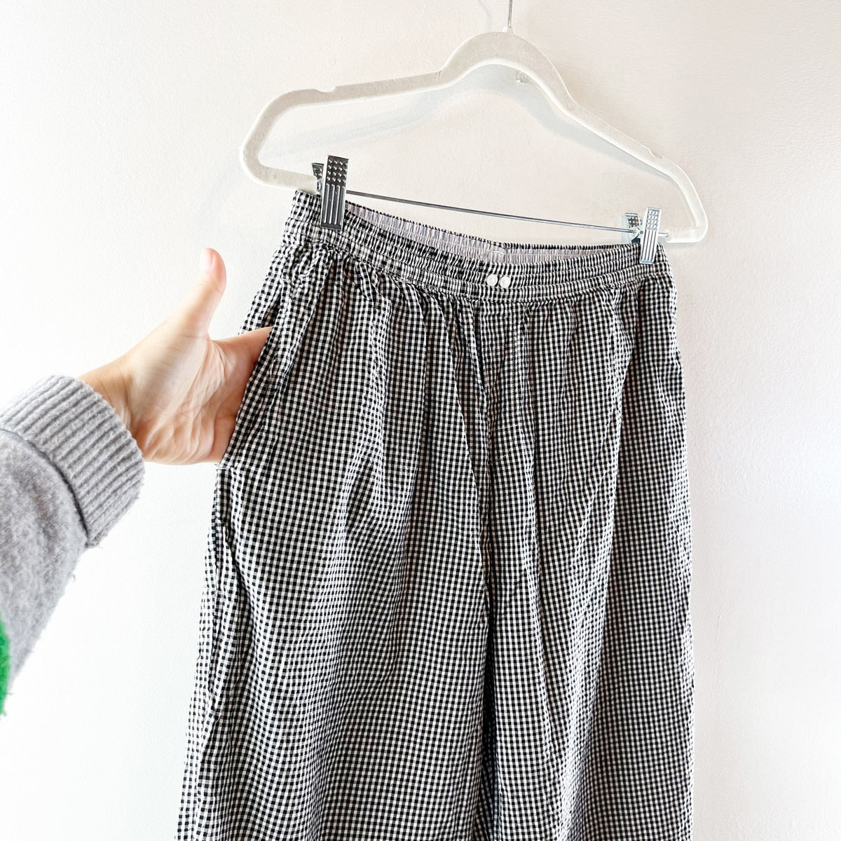 Aerie Gingham Print Tie Hem Boxer Style Wide Leg Pants Black White Medium