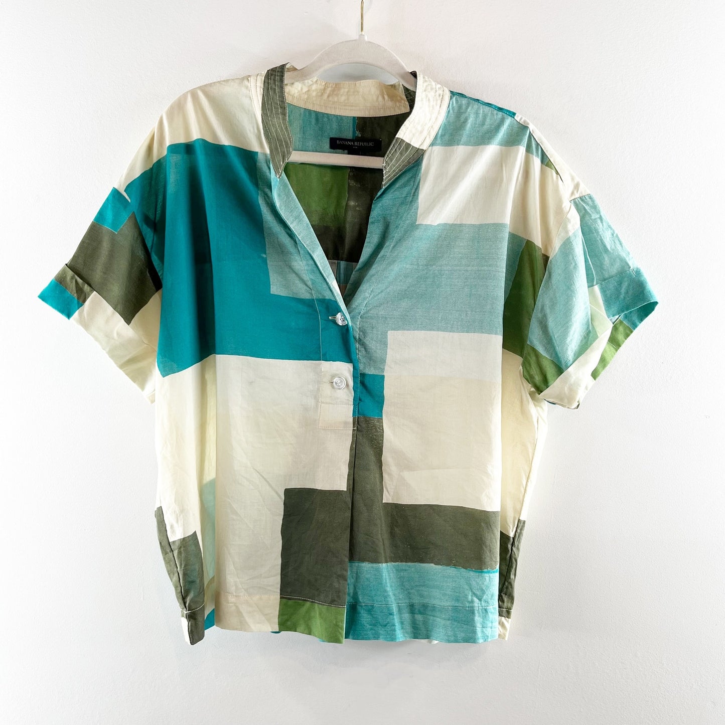 Banana Republic Short Sleeve Cotton Button Front Pleated Back Top Yuzu Zest XL