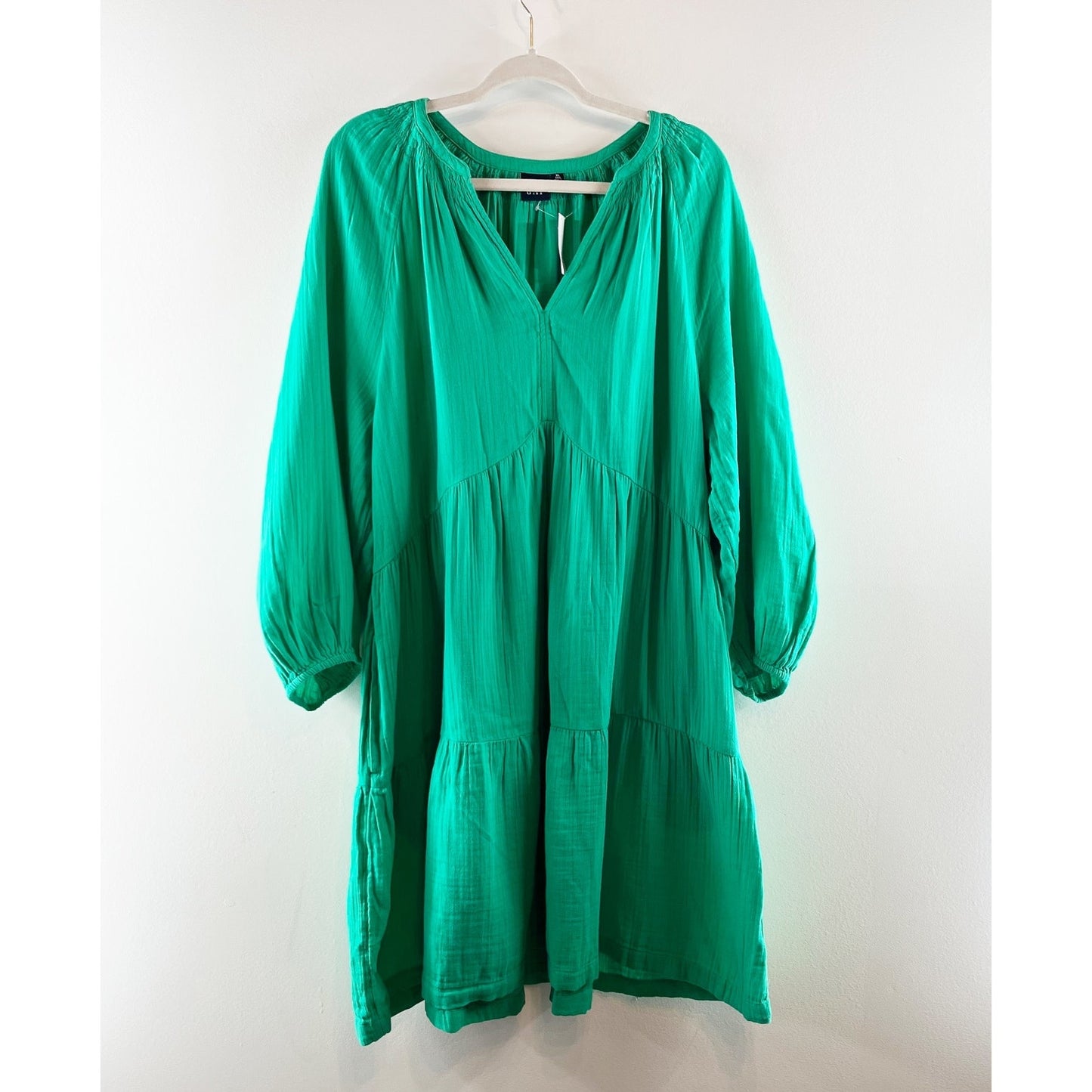 GAP Long Sleeve Crinkle Tiered V Neck Gauzy Cotton Mini Dress Simply Green XL T