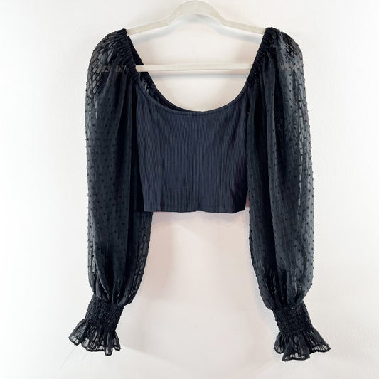 Urban Outfitters Cynthia Ribbed Square Neck Clip Dot Long Sleeve Crop Top Black