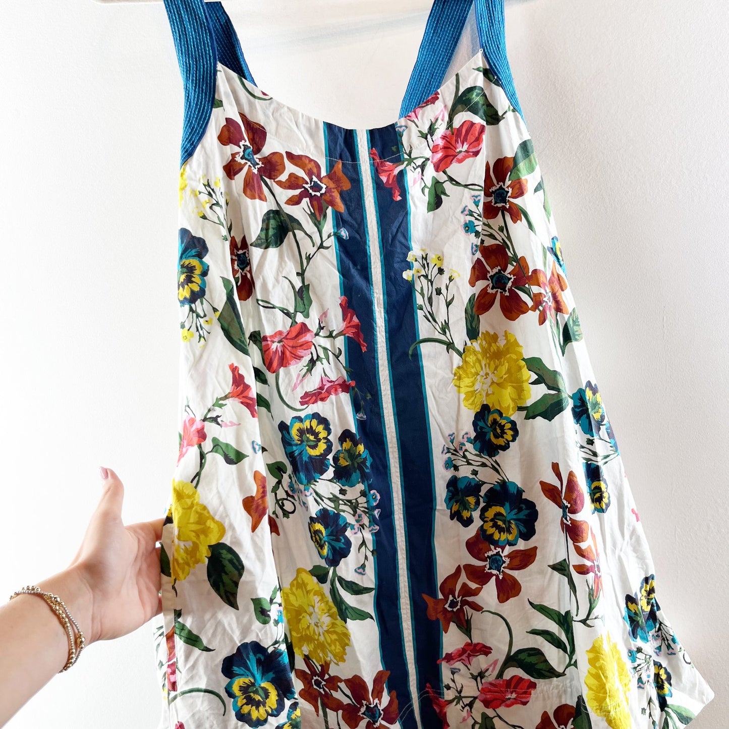 Anthropologie Sleeveless Cross-Back Cotton A-Line Mini Dress White Blue XL