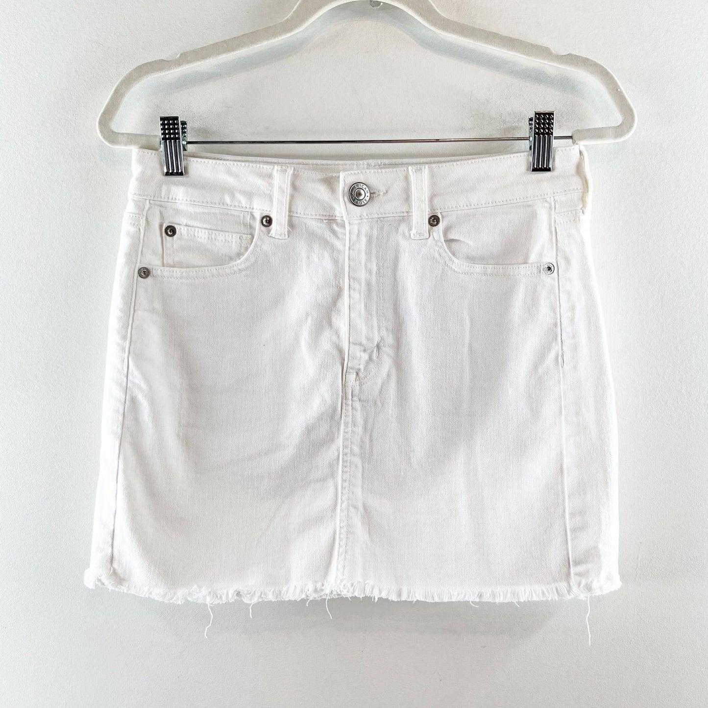 American Eagle High Rise Raw Frayed Hem Mini Jean Skirt White 8