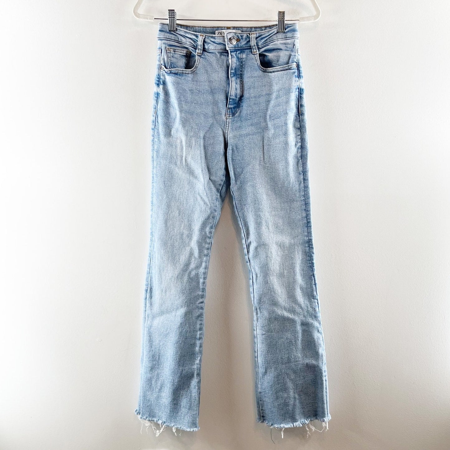ZARA High Rise Raw Hem Light Wash Kick Flare Boot Jeans Blue 6