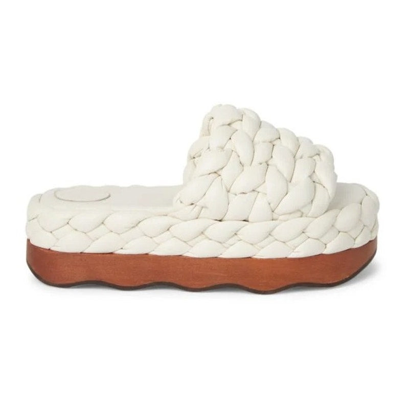 Chloe Wavy Braided Leather Platform Slide Sandals Cream White 39 / US 9
