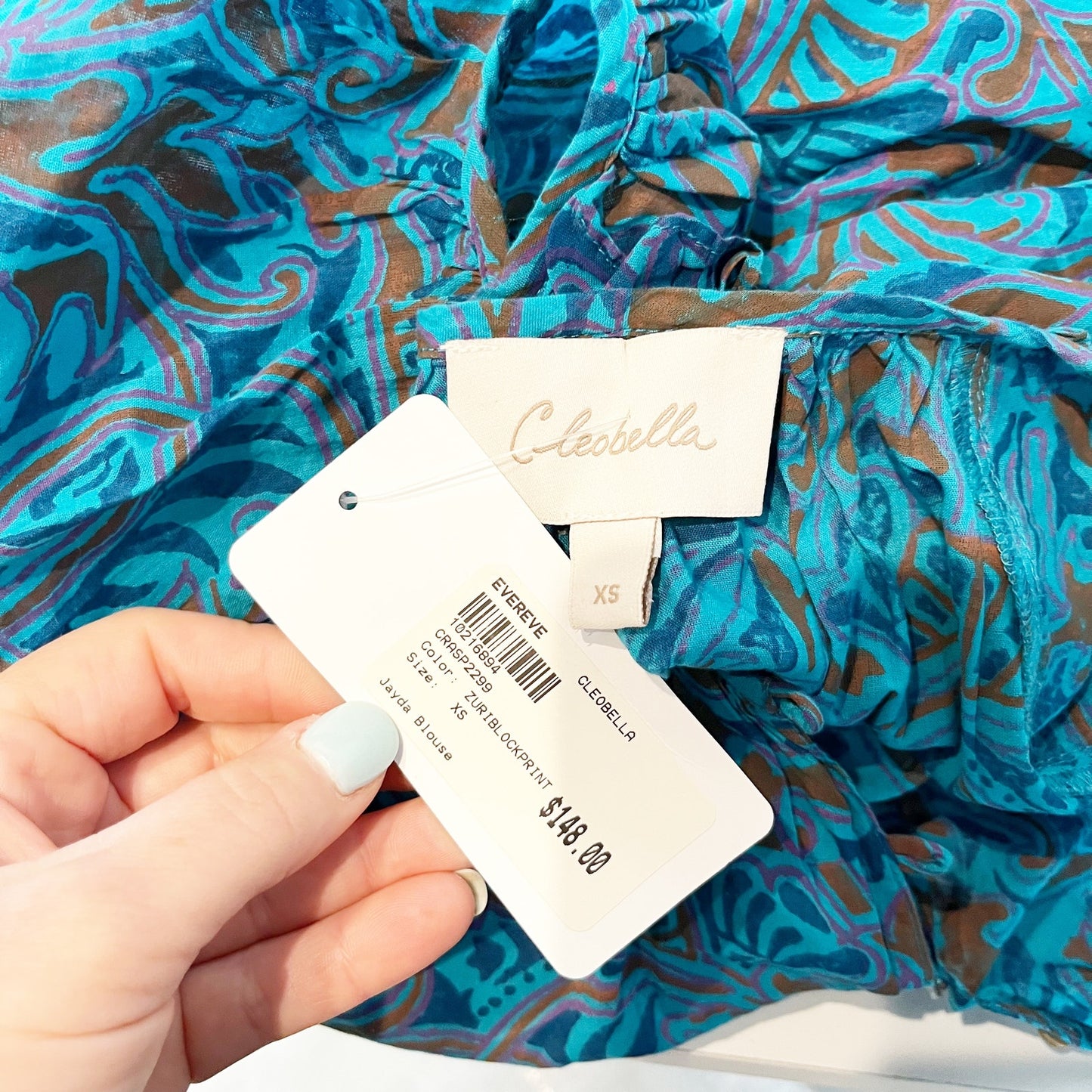 Cleobella Jayda 3/4 Sleeve Blouse in Zuri Block Print Teal Turquoise Green Blue