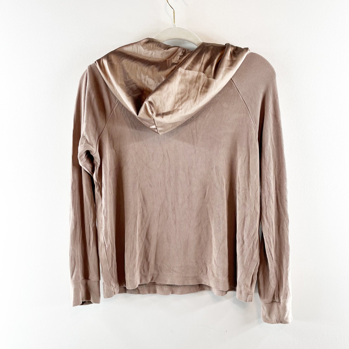 Cozy Earth Ribbed Long Sleeve Pullover Hoodie Satin Hood Tan Brown Small