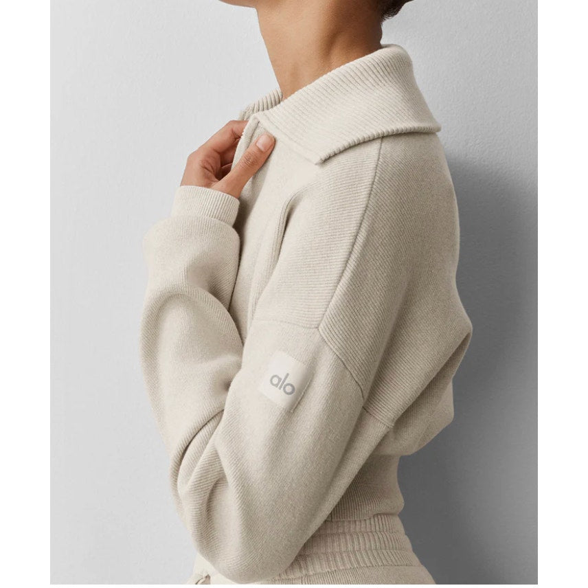 Alo Scholar Knit Cropped Full Zip Jacket Sweater Oatmeal Heather Tan XS