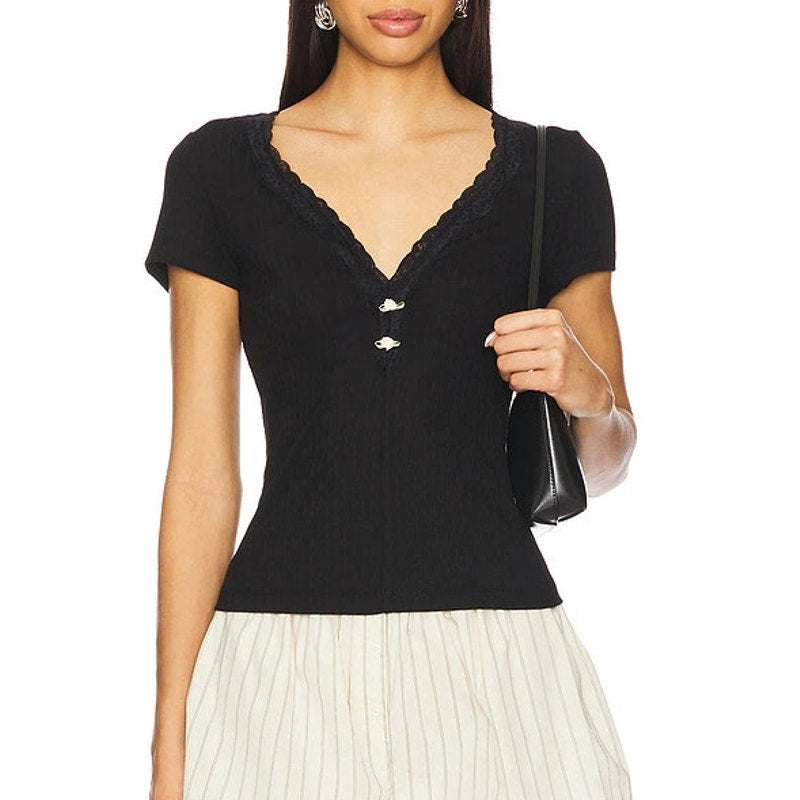 Heartloom Aranelle Lace Trim Short Sleeve V-Neck Blouse Top Black Medium