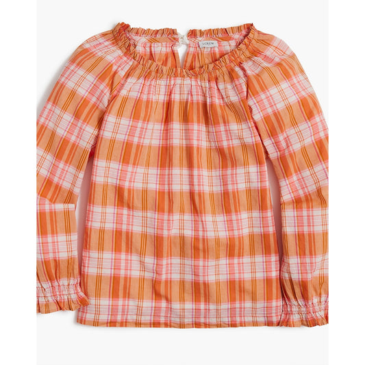 j. Crew Long Sleeve Ruffle Tie Back Plaid Cotton Blouse Top Orange Pink Large