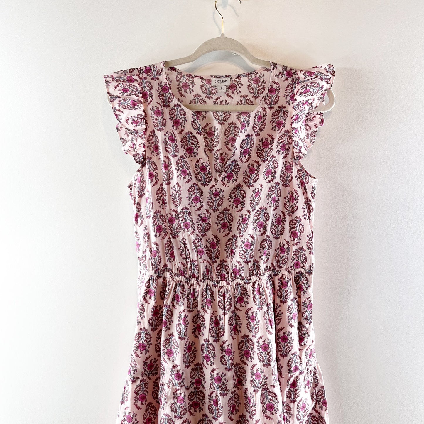 J. Crew Printed Ruffle Sleeve Cotton Midi Dress with Pockets Pink 6
