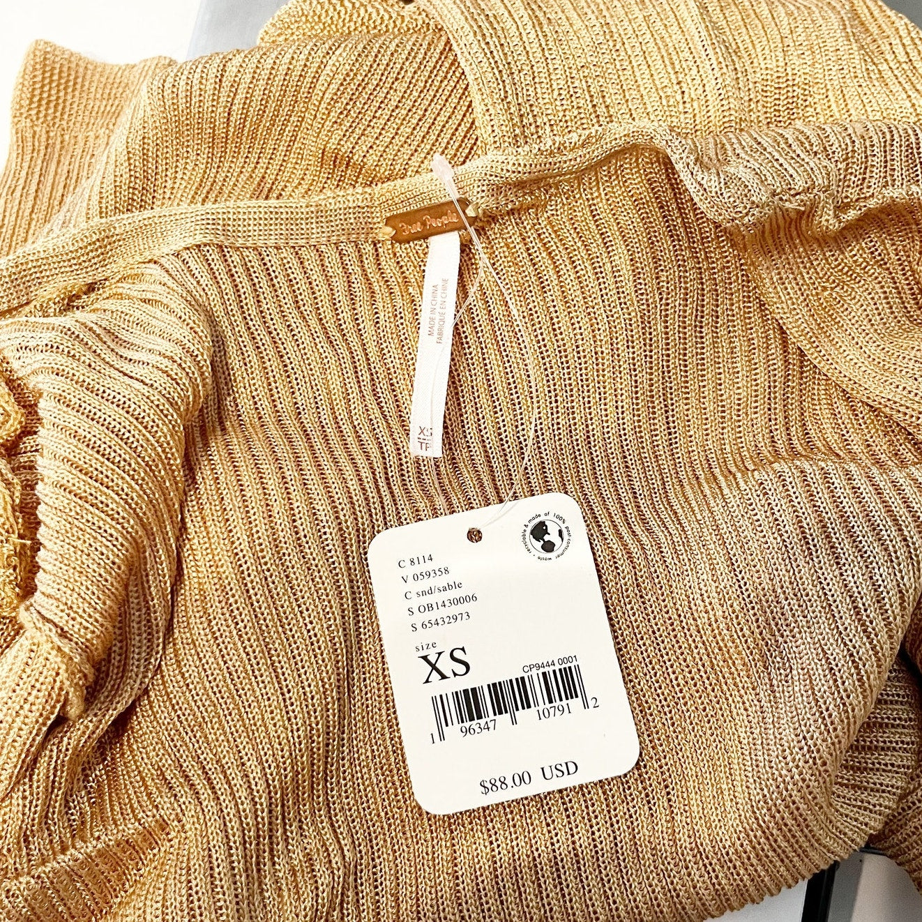 Free People Open Lightweight Knit Cardigan Sweater Metallic Gold Tan XS