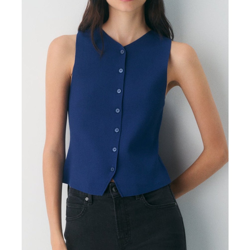 Wilfred Aritzia Croquet Sleeveless Ribbed Knit Sweater Vest Navy Blue XS