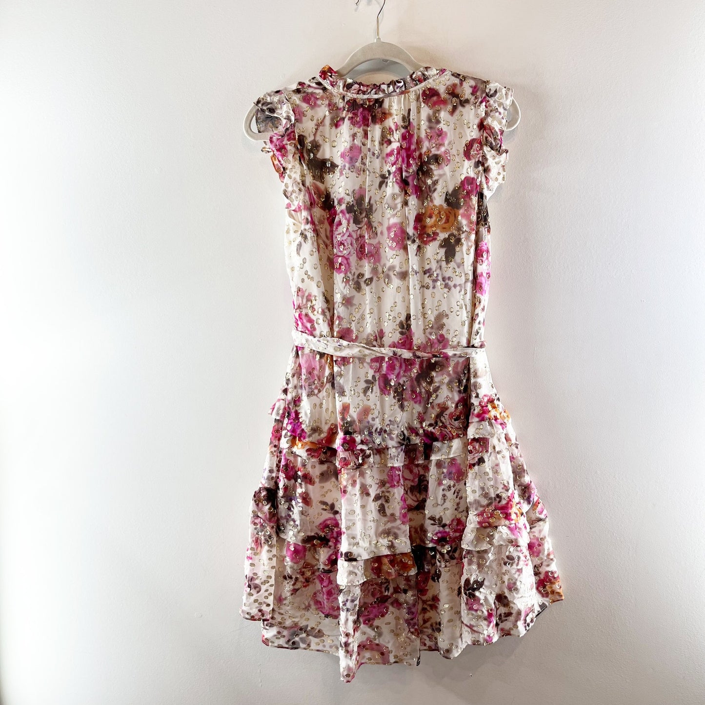 Kobi Halperin Brook Tiered Floral Print Gold Fleck Mini Dress White Pink Small