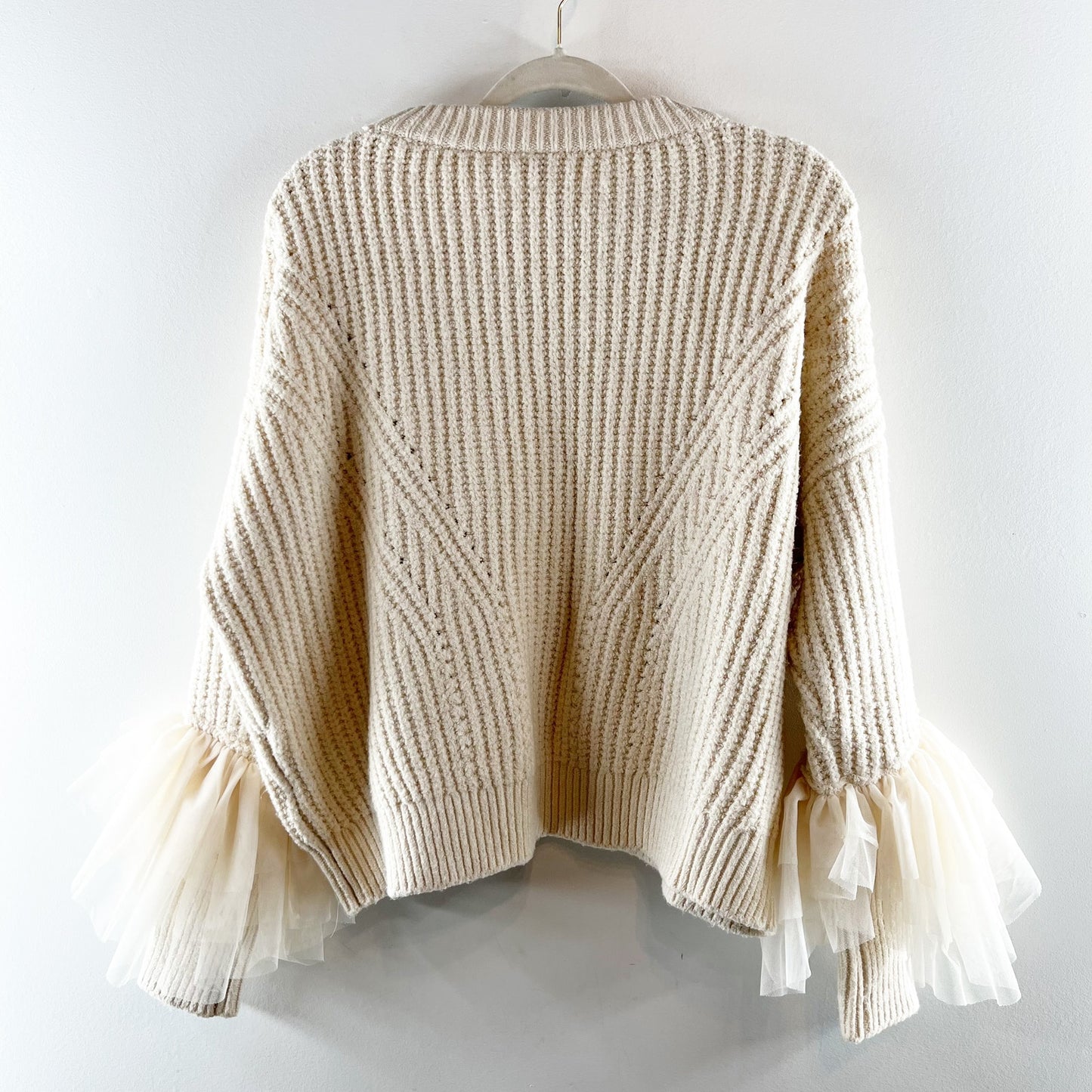 Anthropologie Tulle-Sleeve Pullover Knit Sweater Cream Medium