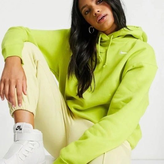 Nike Club Long Sleeve Pullover Hoodie Sweatshirt Neon Green Medium