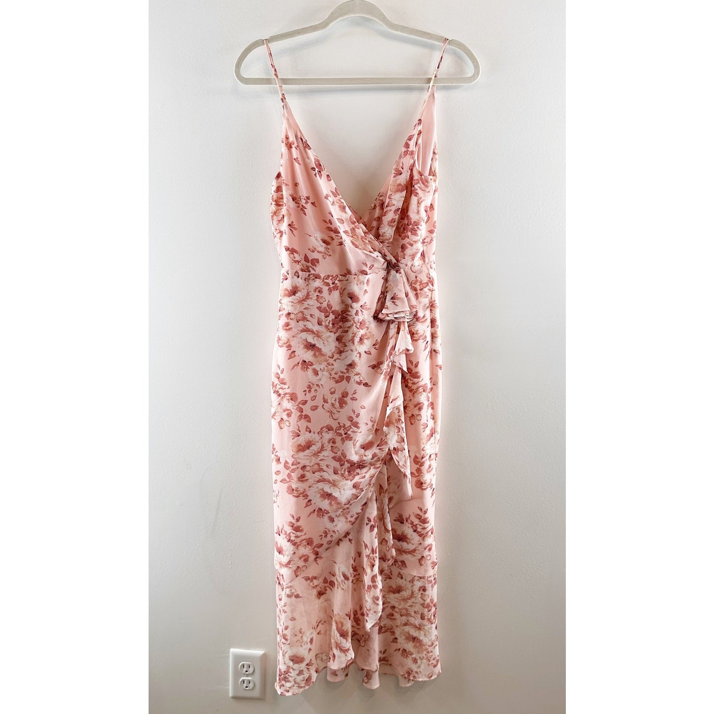 Bardot Floral Ruffle Faux Wrap Midi Slip Dress Pink 6