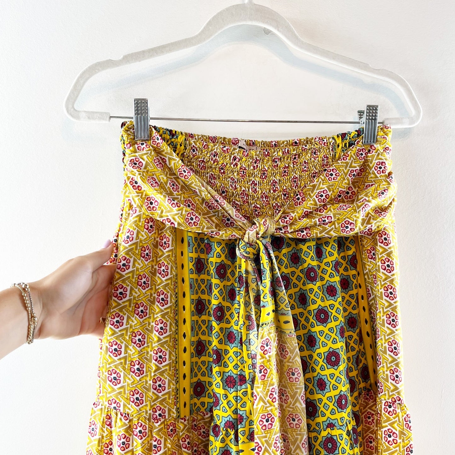 SMF Floral Print Smocked High Rise Tie Waist Wide Leg Pants Yellow Green Medium