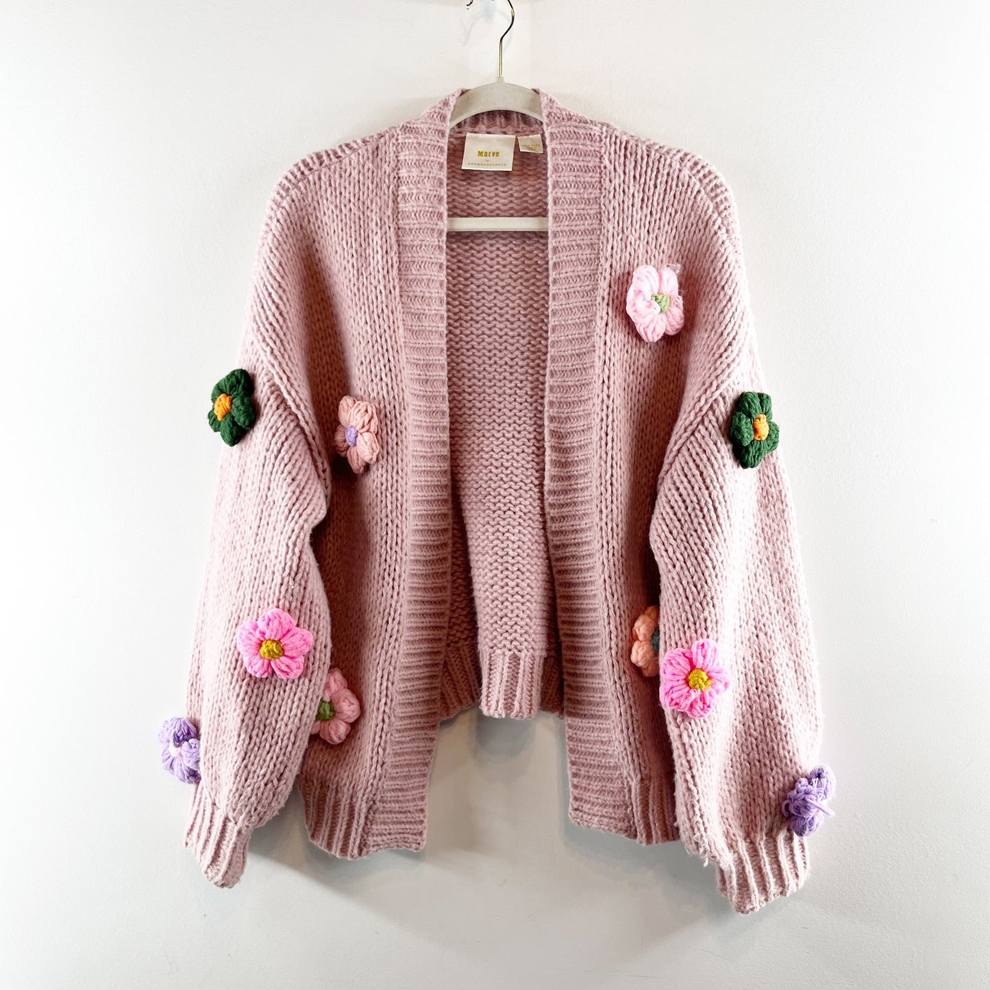 Maeve The Susannah 3D Flower Open Knit Chunky Cardigan Sweater Pink O/S