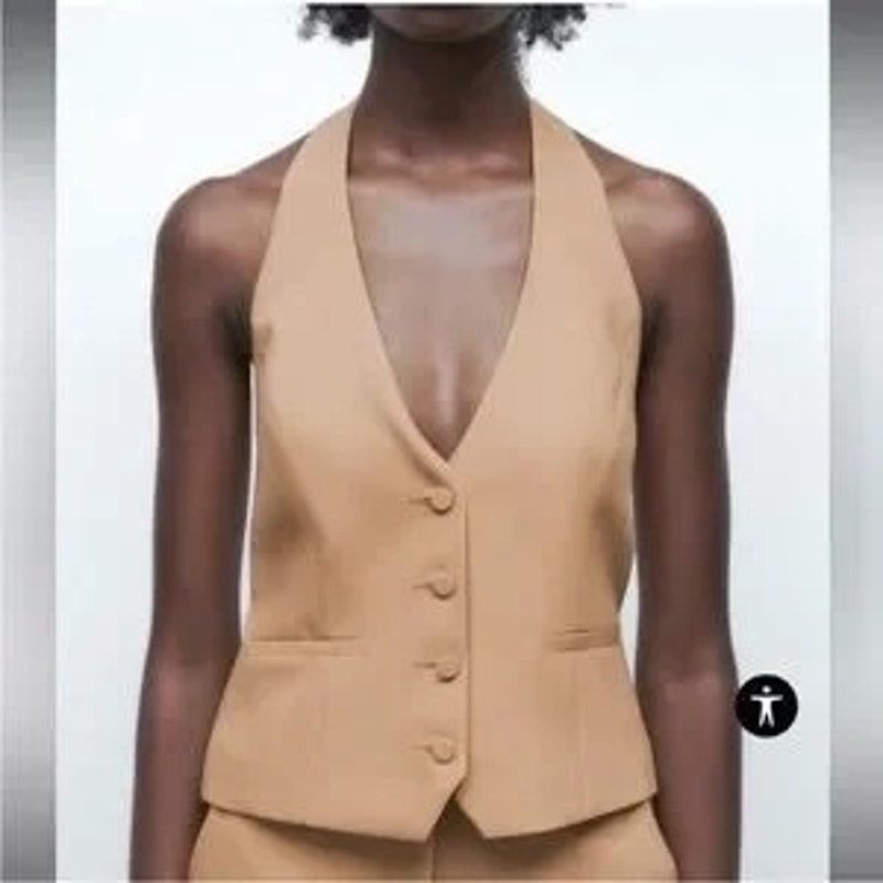 Jason Wu Halter V Neck Button Up Sleeveless Vest Camel Tan XS