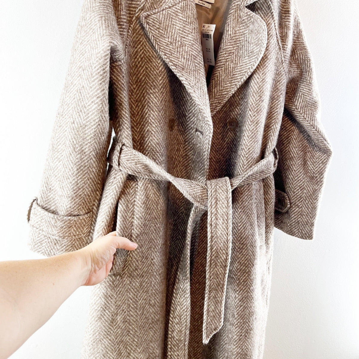 Abercrombie Carrie Wool Blend Belted Trench Coat Brown Herringbone Small