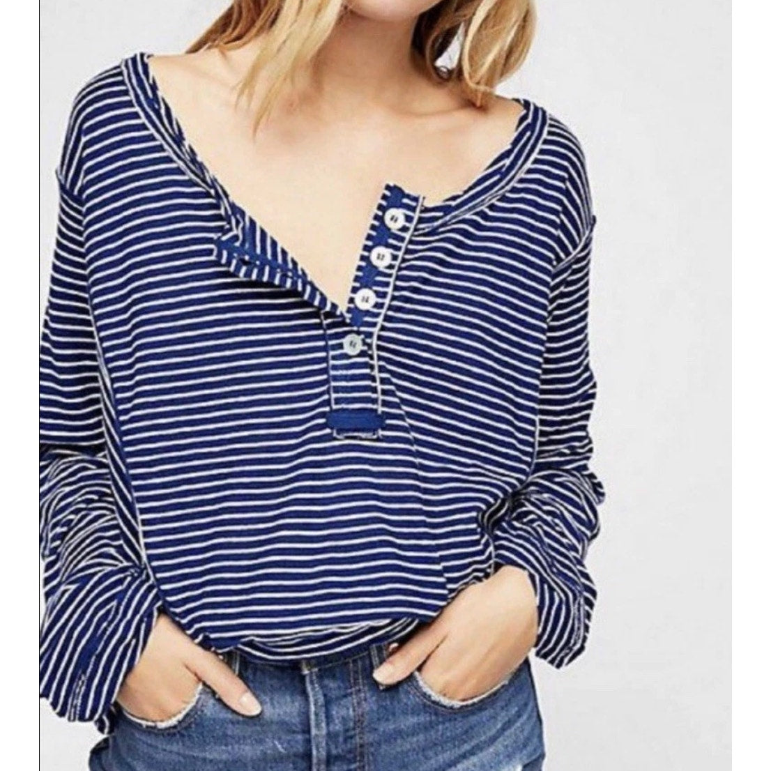 Free People Hong Kong Striped Long Sleeve Henley Tee Shirt Blue XS