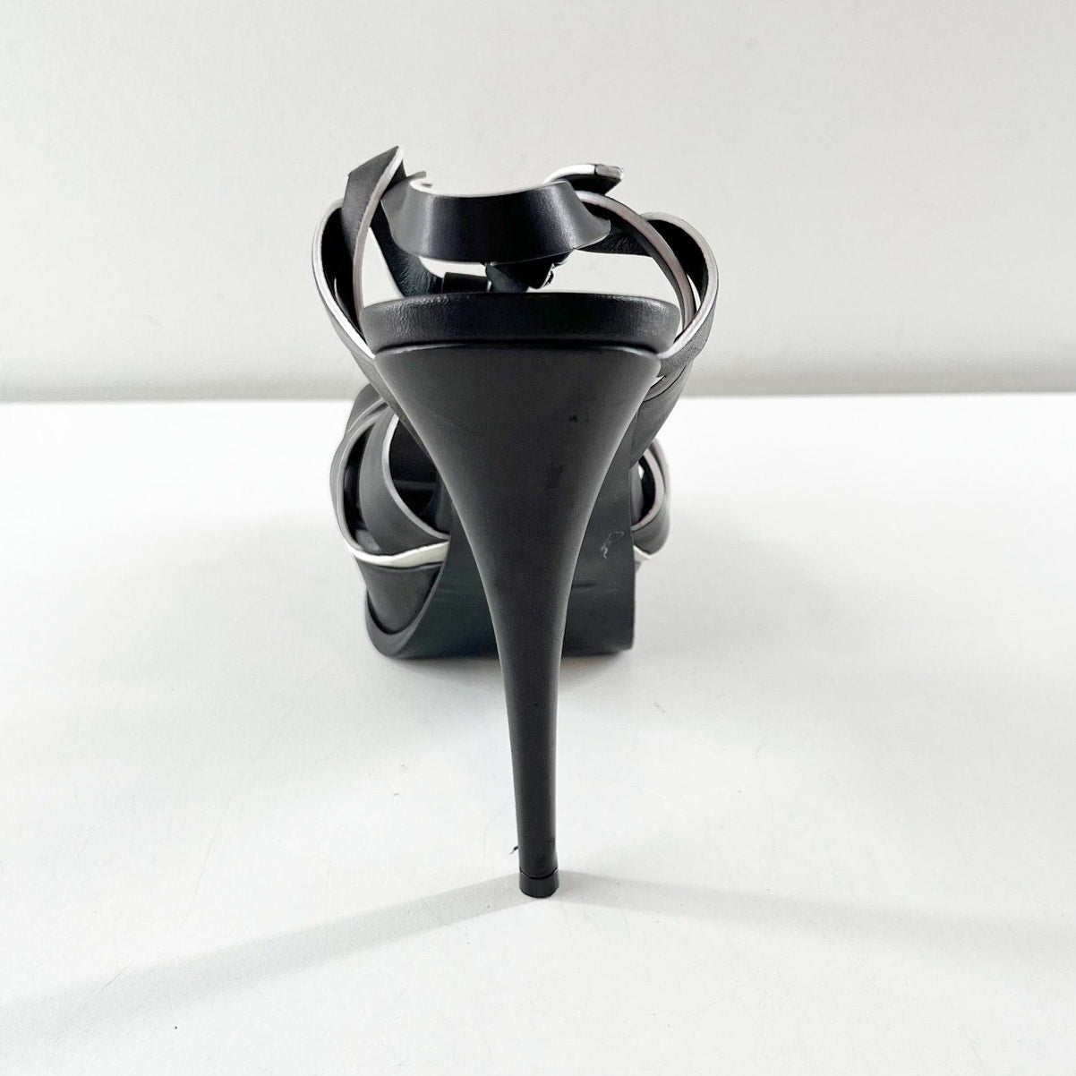 YSL Yves Saint Laurent Tribute Platform T Strap Leather Pumps Heels Black 38.5