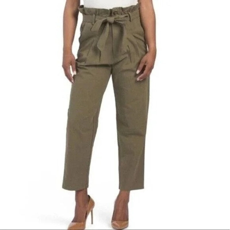 7 For All Mankind High Rise Paperbag Tapered Pants Olive Green Small