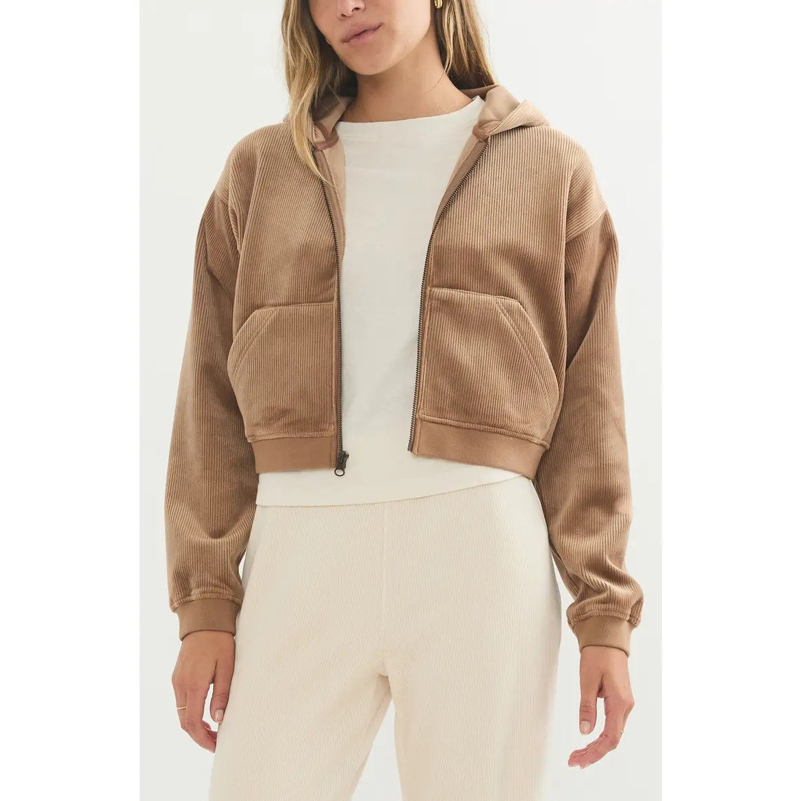 Marine Layer Corded Velour Long Sleeve Full Zip Cropped Hoodie Brown Medium