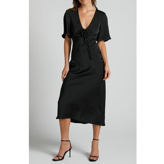 Showpo. Nicholla Short Flutter Sleeve V Neck Satin Midi Dress Black 0