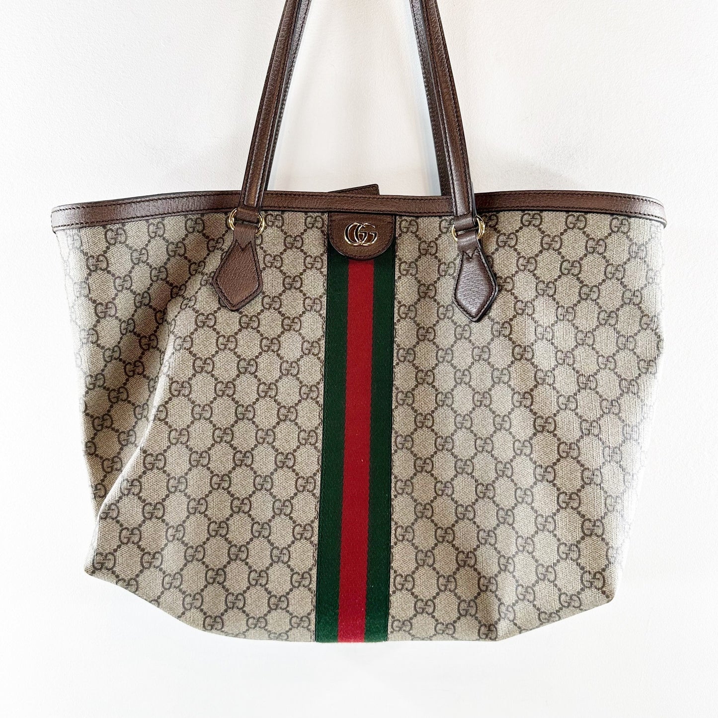 Gucci Ophidia GG Web Stripe Medium Tote Bag Beige Tan and Ebony