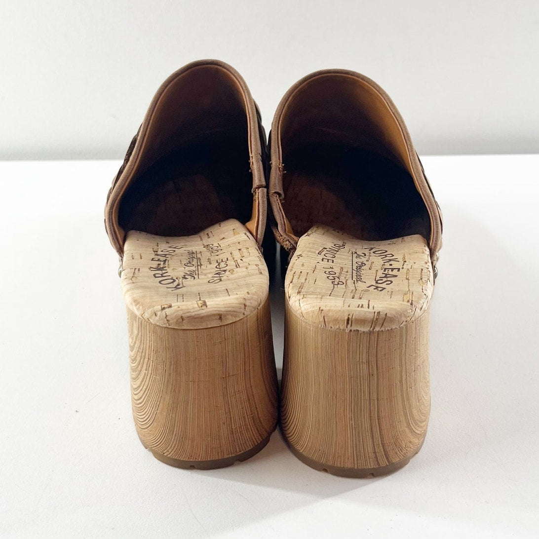 Kork Ease Tilly Braided Trim Leather Slip On Block Heel Clogs Brown 7