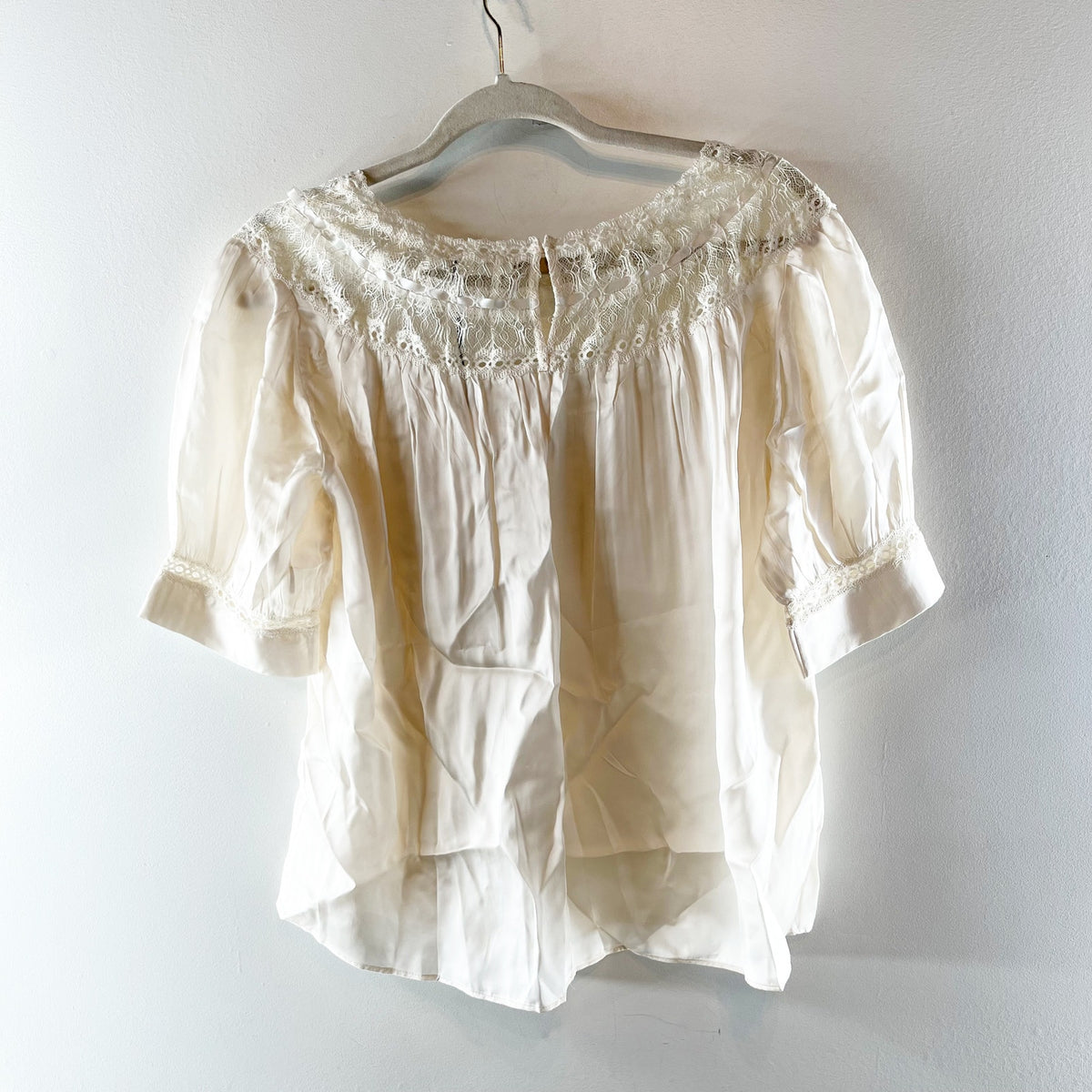 Zara Collection Puff Sleeve Round Neck Romantic Lace Blouse Top Cream Ivory XS