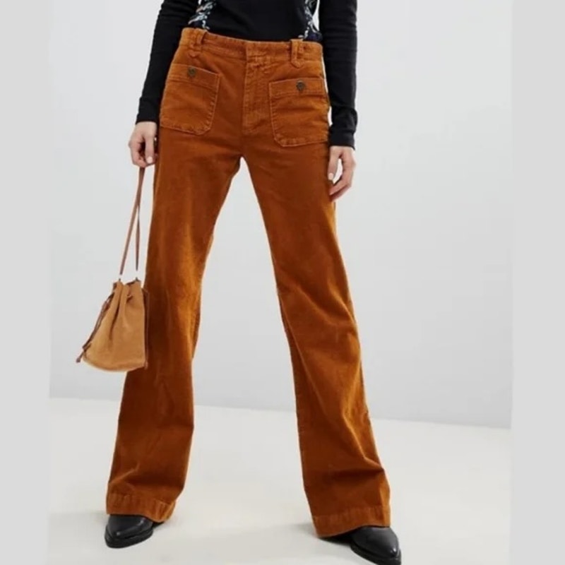 Free People High Rise Corduroy Flare Patch Pocket Pants Brown 0