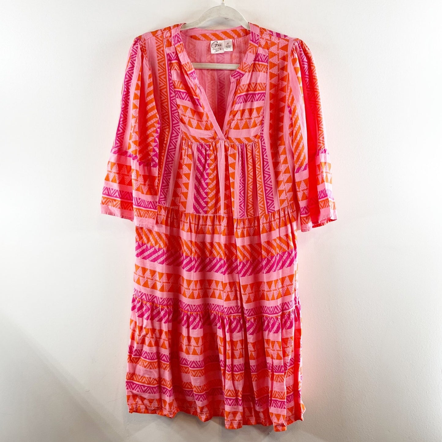 GOA Beachwear By Japna 3/4 Sleeve Printed Mini Babydoll Dress Pink Orange Medium