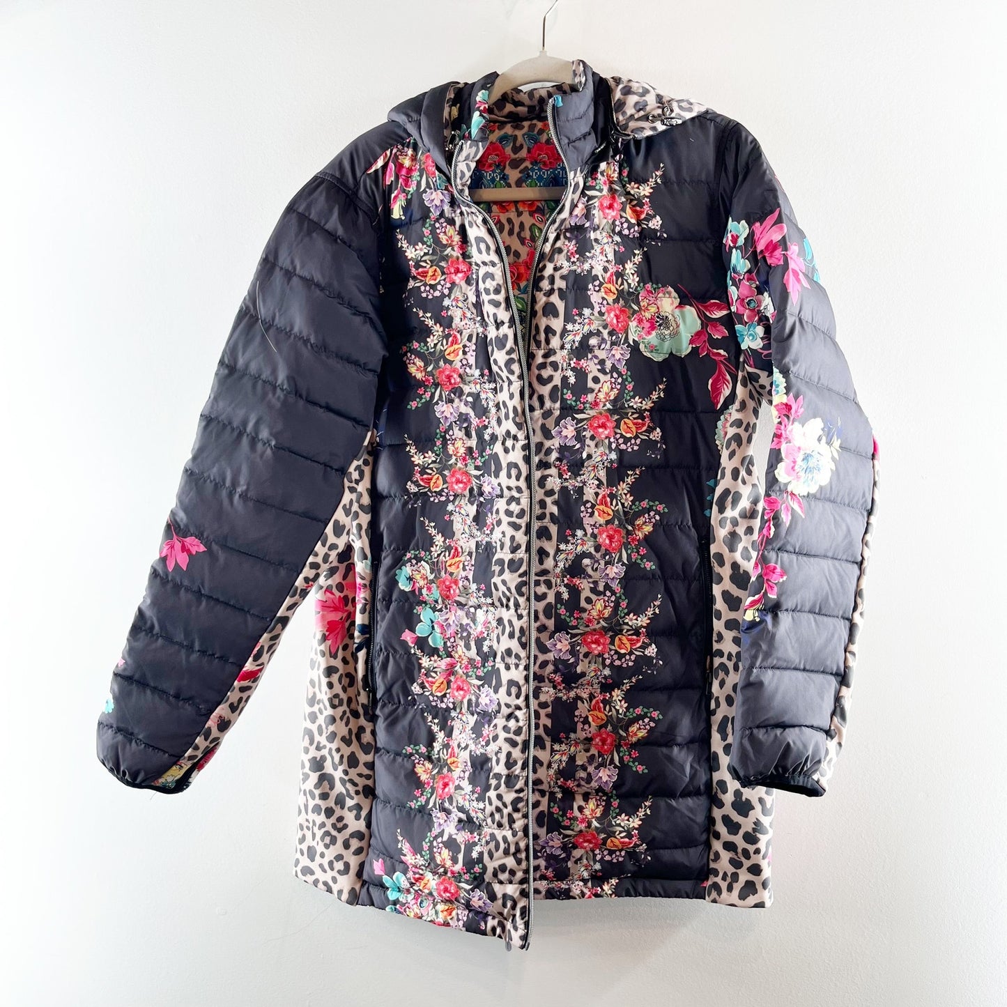Johnny Was Lubello Reversible Full Zip Leopard Floral Puffer Jacket Black Large