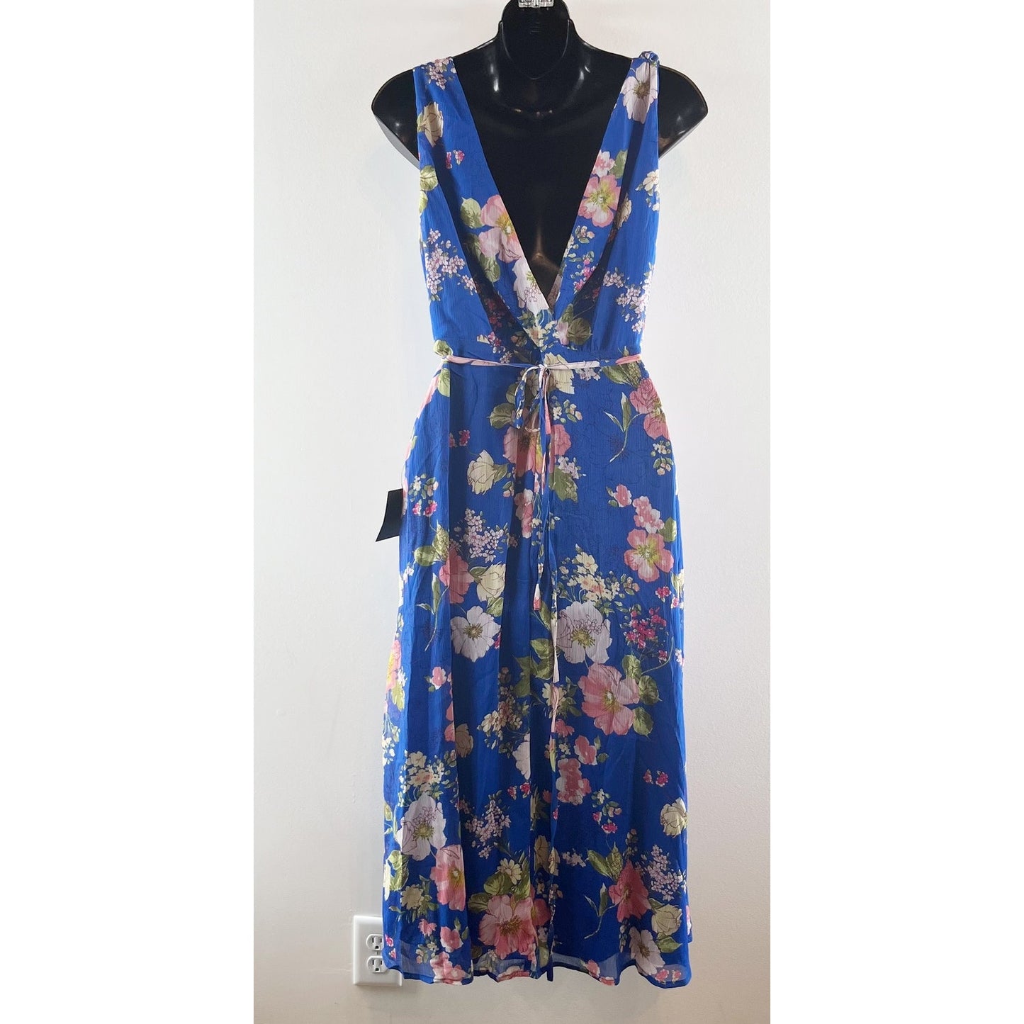 Lulus Sensational Season Floral Print Tie-Strap Wrap Midi Dress Blue Medium