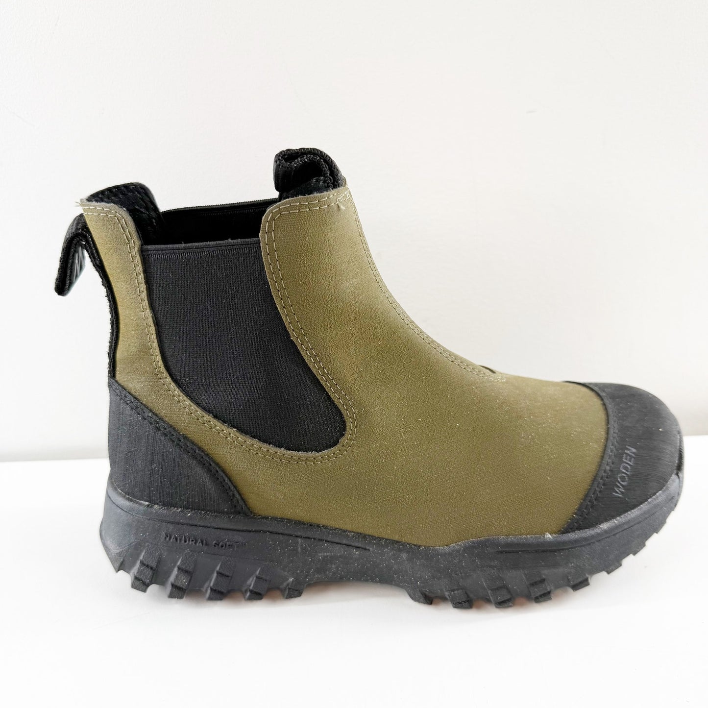 Woden Magda Track Waterproof Rubber Rain Boot in Dark Olive Green 5.5