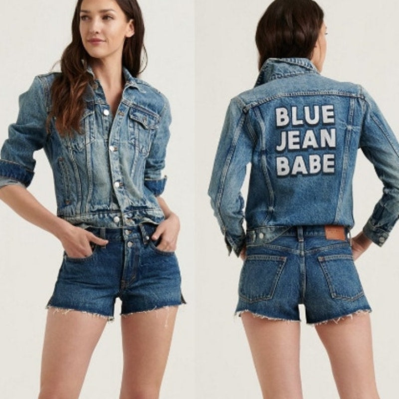 Lucky Brand Tomboy Trucker Graphic Blue Jean Babe Denim Jean Jacket Blue Small