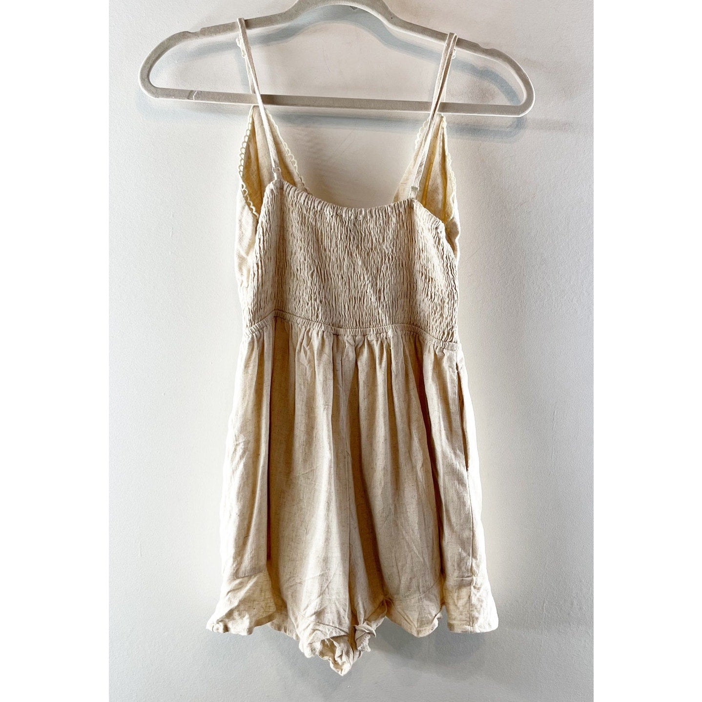 Princess Polly Colleen Tie Front Linen Blend Plunge Romper Tan Beige 0