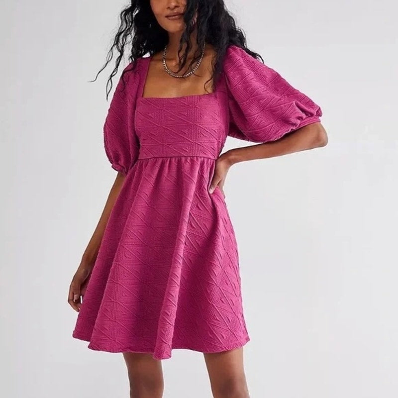 Free People Violet Tie Back Short Puff Sleeve Square Neck Babydoll Mini Dress M