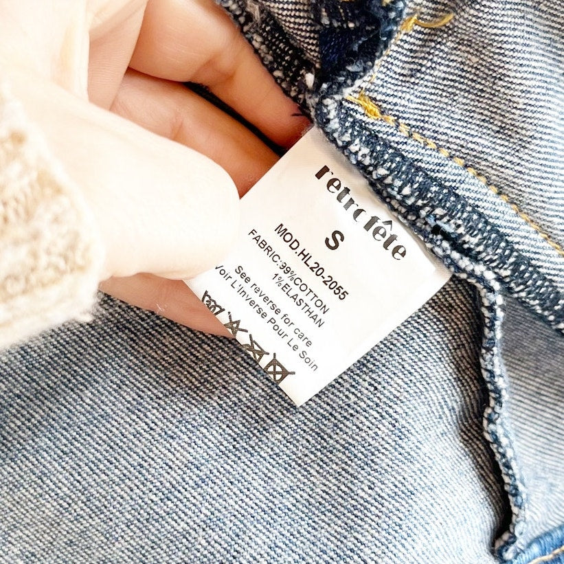 retrofete Ada Puff Sleeve Button-Front Denim Jean Jacket Worn Vintage Blue Small