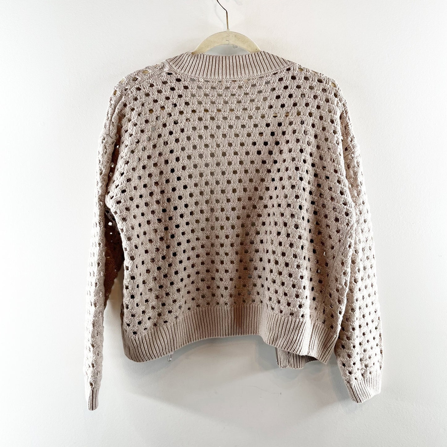 Elan Aster Long Sleeve Zip Up Crochet Bomber Cardigan Sweater Stone Medium