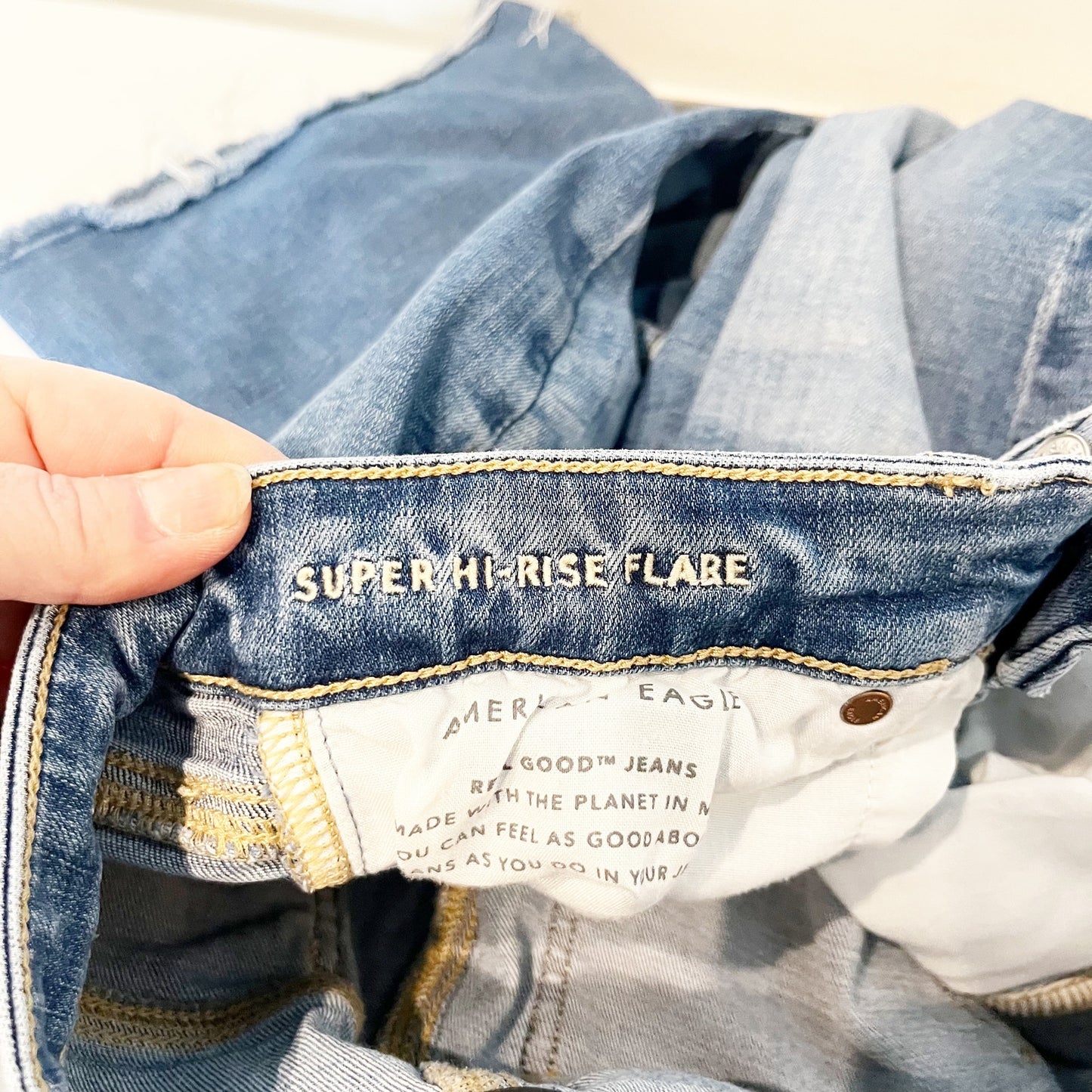 American Eagle Distressed Raw Hem Super High Rise Flare Jeans Blue 2