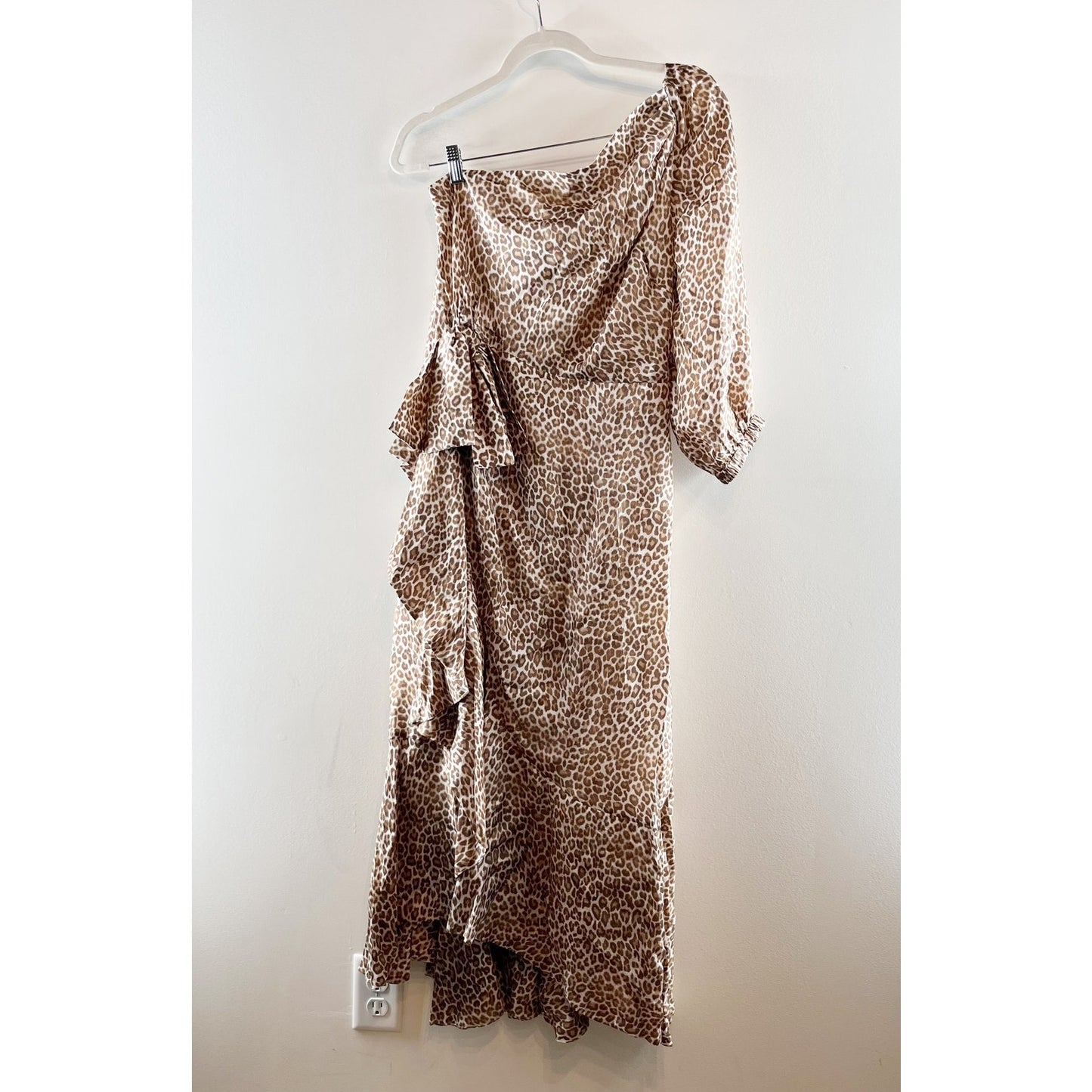 J. Crew Leopard Print Satin One-Shoulder Ruffle Hem High Low Midi Dress Brown 8