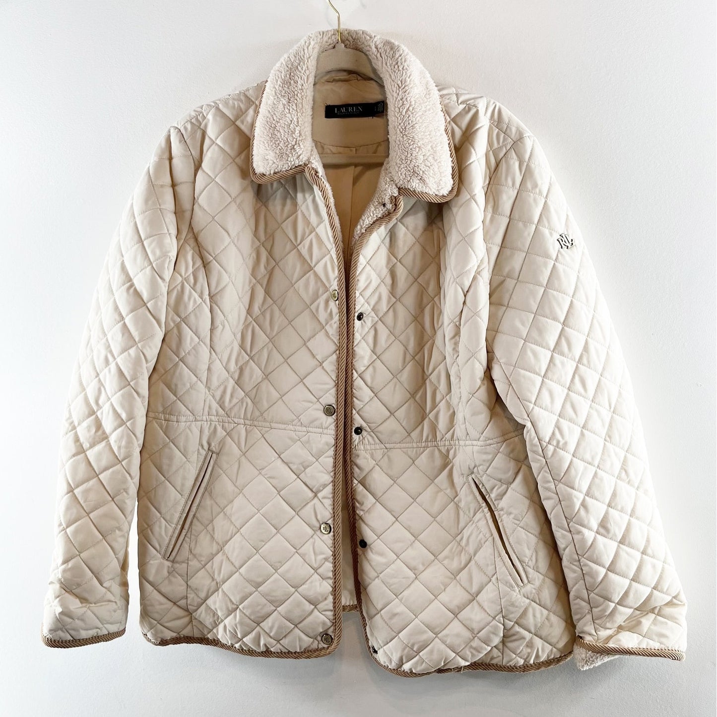 Ralph Lauren Quilted Snap Button Up Sherpa Collar Jacket Cream Large